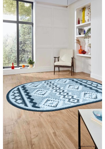 3D Baskılı Kaymaz Yıkanabilir Şık Kilim Desen Oval Yolluk Halısı Salon Halısı O-Modern-68-Mavi