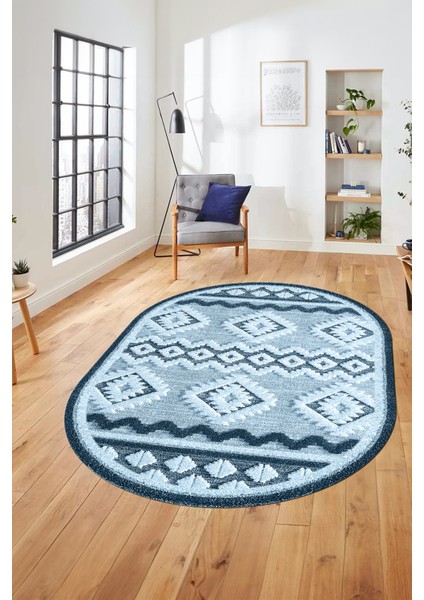 3D Baskılı Kaymaz Yıkanabilir Şık Kilim Desen Oval Yolluk Halısı Salon Halısı O-Modern-68-Mavi