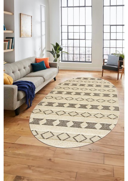 Baskılı Kaymaz Yıkanabilir Kilim Desen Oval Yolluk Mutfak Halısı Salon Halısı O-Modern-64-Kahve