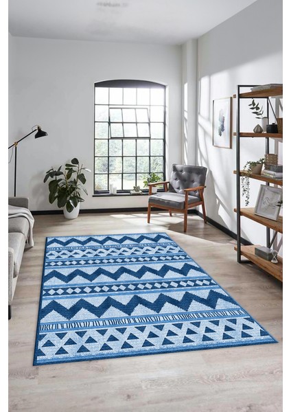 Kilim Desen Baskılı Kaymaz Taban Yıkanabilir Modern Yolluk Salon Halısı MODERN-105-MAVİ