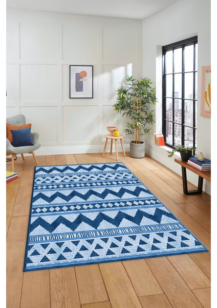Kilim Desen Baskılı Kaymaz Taban Yıkanabilir Modern Yolluk Salon Halısı MODERN-105-MAVİ