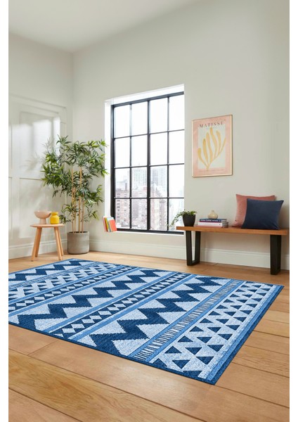 Kilim Desen Baskılı Kaymaz Taban Yıkanabilir Modern Yolluk Salon Halısı MODERN-105-MAVİ