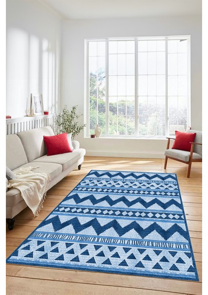 Kilim Desen Baskılı Kaymaz Taban Yıkanabilir Modern Yolluk Salon Halısı MODERN-105-MAVİ