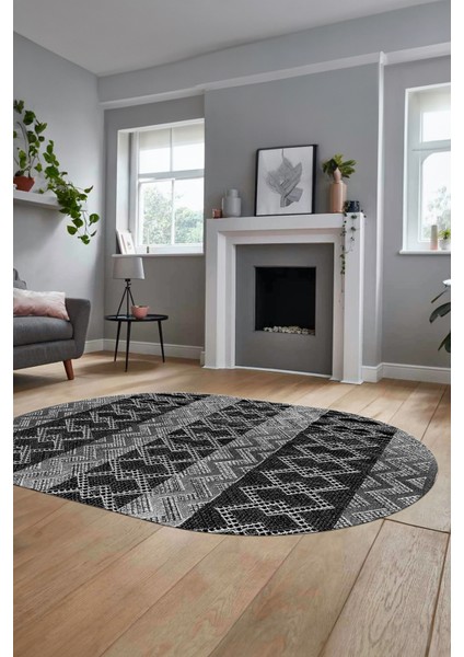 Baskılı Kaymaz Yıkanabilir Şık Oval Koridor Halısı Mutfak Halısı Salon Halısı O-Modern-56-Antrasit