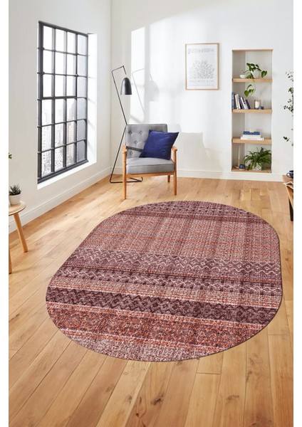 Baskılı Kaymaz Yıkanabilir Şık Kilim Desen Oval Yolluk Halısı Salon Halısı O-Modern-70-Bordo indirimleri