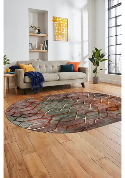 Modern Desen Dijital Kaymaz Yıkanabilir Oval Yolluk Mutfak Salon Halısı O-Modern-90-Renkli