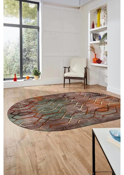 Modern Desen Dijital Kaymaz Yıkanabilir Oval Yolluk Mutfak Salon Halısı O-Modern-90-Renkli modelleri