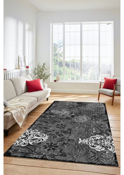 Çiçekli Modern Desenli Dijital Kaymaz Yıkanabilir Yolluk Mutfak Salon Halısı Modern-15-Antrasit