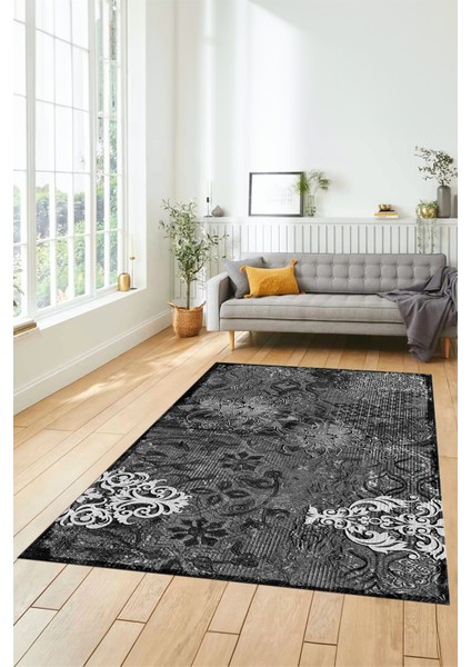 Çiçekli Modern Desenli Dijital Kaymaz Yıkanabilir Yolluk Mutfak Salon Halısı Modern-15-Antrasit