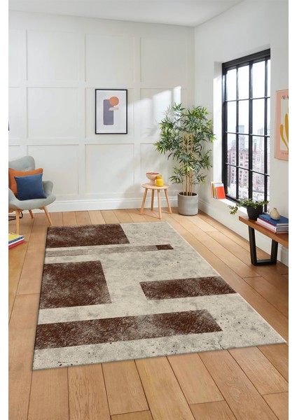Baskılı Kaymaz Taban Yıkanabilir Modern Yolluk Mutfak Salon Halısı Modern-93-Kahve