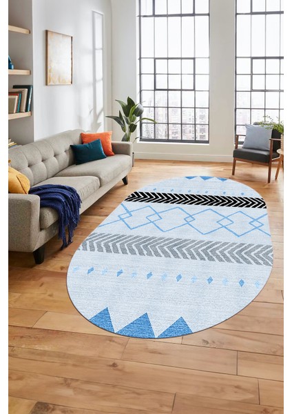 Sade Modern Kilim Desenli Dijital Kaymaz Yıkanabilir Oval Yolluk Salon Halısı O-Modern-75-Mavi