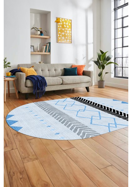 Sade Modern Kilim Desenli Dijital Kaymaz Yıkanabilir Oval Yolluk Salon Halısı O-Modern-75-Mavi