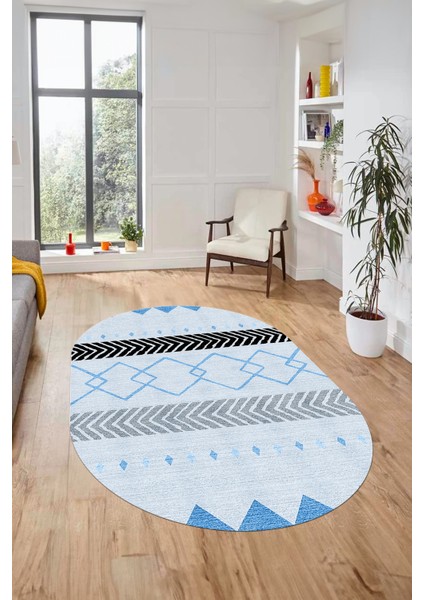 Sade Modern Kilim Desenli Dijital Kaymaz Yıkanabilir Oval Yolluk Salon Halısı O-Modern-75-Mavi