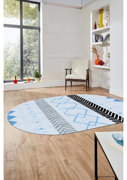 Sade Modern Kilim Desenli Dijital Kaymaz Yıkanabilir Oval Yolluk Salon Halısı O-Modern-75-Mavi