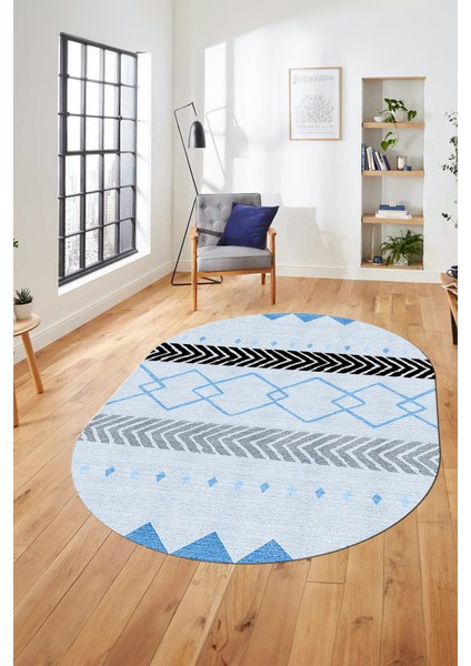 Sade Modern Kilim Desenli Dijital Kaymaz Yıkanabilir Oval Yolluk Salon Halısı O-Modern-75-Mavi