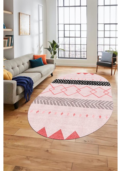 Sade Modern Kilim Desenli Dijital Kaymaz Yıkanabilir Oval Yolluk Salon Halısı O-Modern-75-Pembe