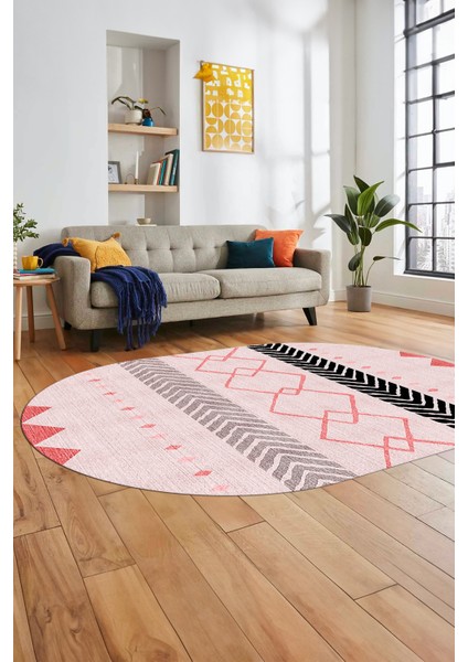 Sade Modern Kilim Desenli Dijital Kaymaz Yıkanabilir Oval Yolluk Salon Halısı O-Modern-75-Pembe