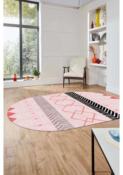 Sade Modern Kilim Desenli Dijital Kaymaz Yıkanabilir Oval Yolluk Salon Halısı O-Modern-75-Pembe