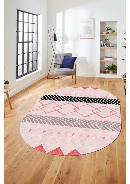 Sade Modern Kilim Desenli Dijital Kaymaz Yıkanabilir Oval Yolluk Salon Halısı O-Modern-75-Pembe