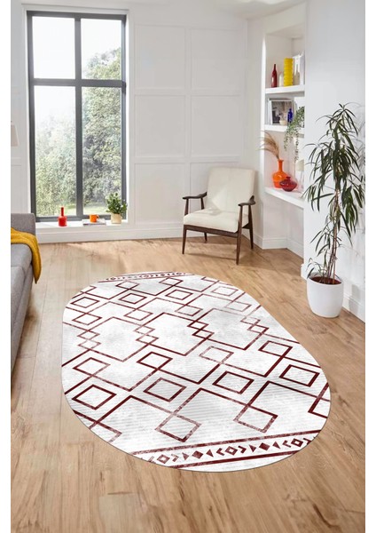 Modern Sade Desen Dijital Kaymaz Yıkanabilir Oval Yolluk Mutfak Salon Halısı O-Modern-91-Bordo