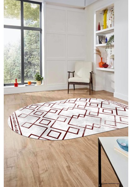Modern Sade Desen Dijital Kaymaz Yıkanabilir Oval Yolluk Mutfak Salon Halısı O-Modern-91-Bordo
