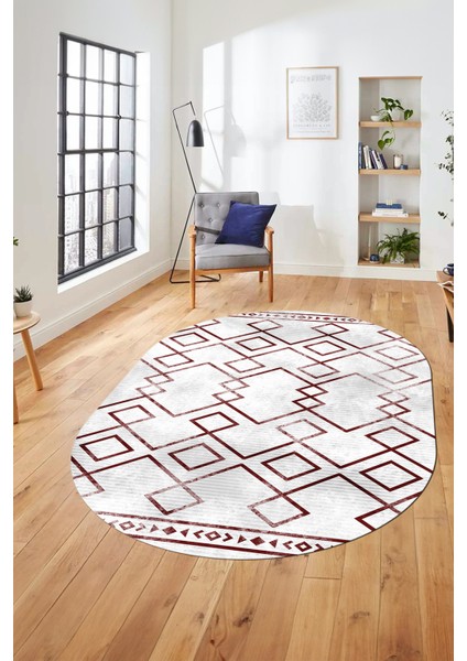 Modern Sade Desen Dijital Kaymaz Yıkanabilir Oval Yolluk Mutfak Salon Halısı O-Modern-91-Bordo