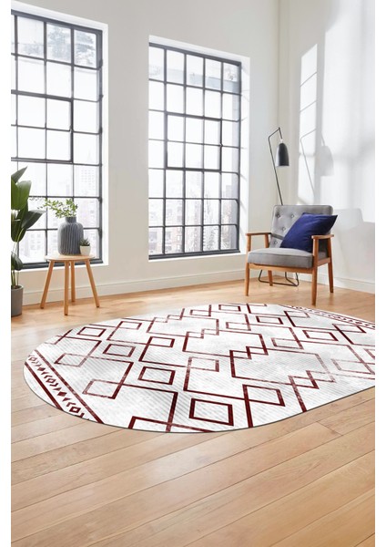 Modern Sade Desen Dijital Kaymaz Yıkanabilir Oval Yolluk Mutfak Salon Halısı O-Modern-91-Bordo