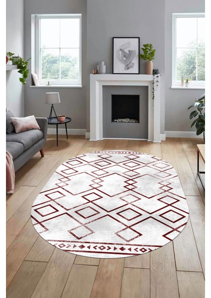Modern Sade Desen Dijital Kaymaz Yıkanabilir Oval Yolluk Mutfak Salon Halısı O-Modern-91-Bordo