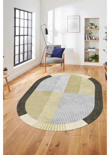 Baskılı Kaymaz Taban Yıkanabilir Modern Şık Oval Yolluk Mutfak Salon Halısı O-MODERN-107-KREM fiyatları
