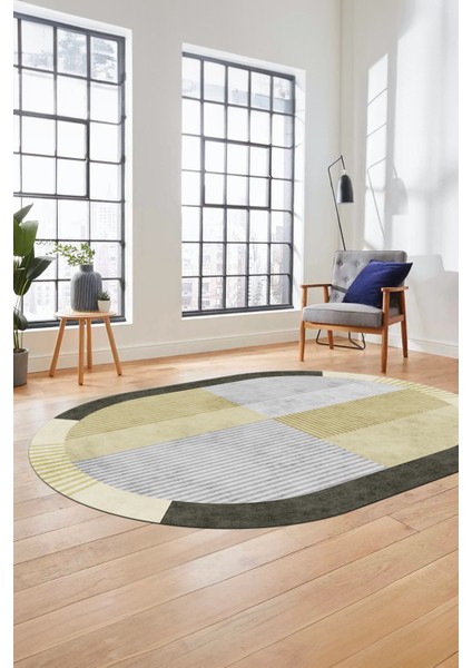 Baskılı Kaymaz Taban Yıkanabilir Modern Şık Oval Yolluk Mutfak Salon Halısı O-MODERN-107-KREM modelleri
