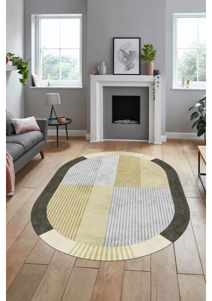 Baskılı Kaymaz Taban Yıkanabilir Modern Şık Oval Yolluk Mutfak Salon Halısı O-MODERN-107-KREM fırsatları