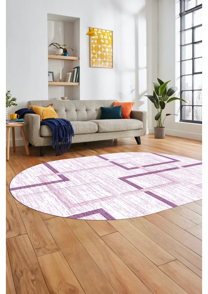 Sade Desen Modern Tasarım Dijital Kaymaz Yıkanabilir Oval Yolluk Salon Halısı O-Modern-80-Mor
