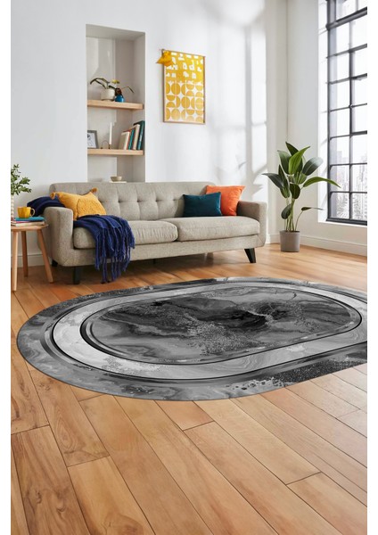 Baskılı Kaymaz Yıkanabilir Modern Mermer Desen Oval Yolluk Salon Halısı O-Modern-46-Gri modelleri