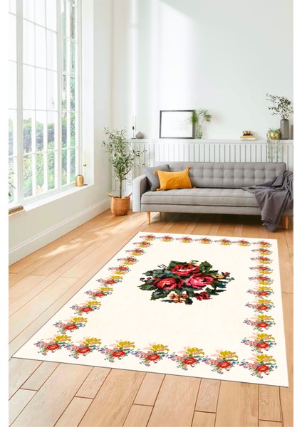 Modern Çiçek Desenli Dijital Kaymaz Yıkanabilir Yolluk Mutfak Salon Halısı Modern-20-Krem fırsatları