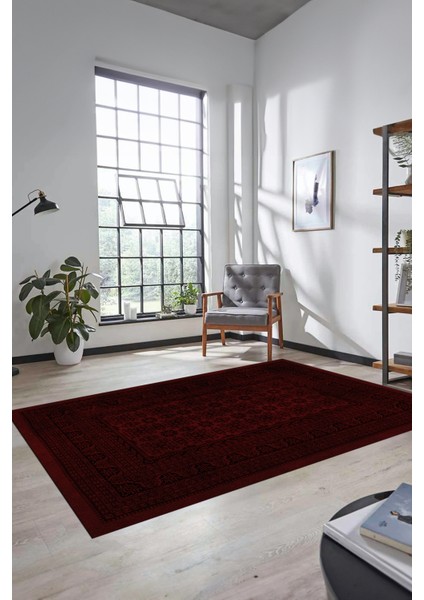Etnik Desen Baskılı Kaymaz Taban Yıkanabilir Modern Yolluk Salon Halısı MODERN-113-BORDO
