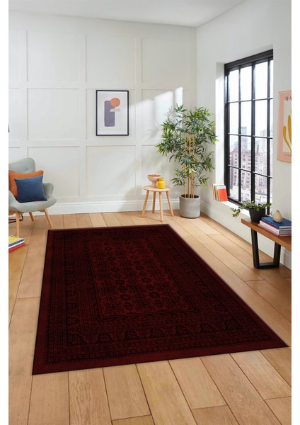 Etnik Desen Baskılı Kaymaz Taban Yıkanabilir Modern Yolluk Salon Halısı MODERN-113-BORDO