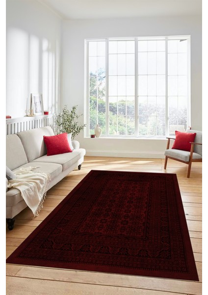Etnik Desen Baskılı Kaymaz Taban Yıkanabilir Modern Yolluk Salon Halısı MODERN-113-BORDO