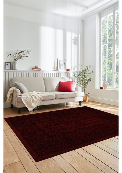Etnik Desen Baskılı Kaymaz Taban Yıkanabilir Modern Yolluk Salon Halısı MODERN-113-BORDO