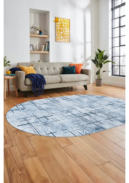 Sade Desen Modern Dijital Kaymaz Yıkanabilir Oval Yolluk Mutfak Salon Halısı O-Modern-89-Mavi