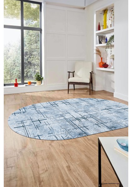 Sade Desen Modern Dijital Kaymaz Yıkanabilir Oval Yolluk Mutfak Salon Halısı O-Modern-89-Mavi modelleri