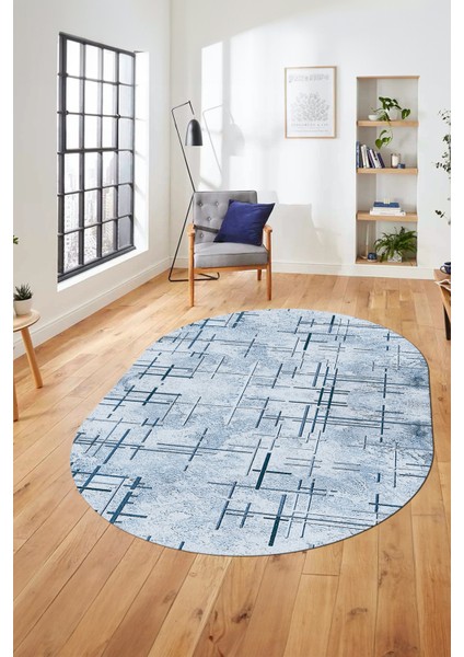 Sade Desen Modern Dijital Kaymaz Yıkanabilir Oval Yolluk Mutfak Salon Halısı O-Modern-89-Mavi fırsatları