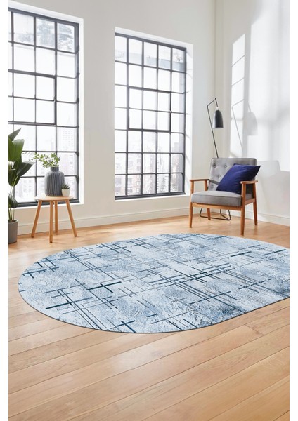 Sade Desen Modern Dijital Kaymaz Yıkanabilir Oval Yolluk Mutfak Salon Halısı O-Modern-89-Mavi indirimleri
