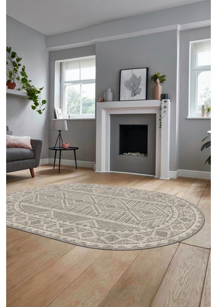 Kilim Desen Baskılı Kaymaz Taban Yıkanabilir Modern Oval Yolluk Salon Halısı O-MODERN-108-BEJ indirimleri