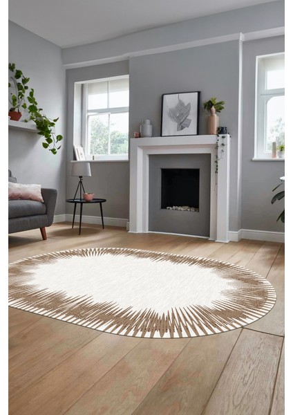 Baskılı Kaymaz Yıkanabilir Modern Sade Desen Oval Yolluk Salon Halısı O-Modern-48-Kahve