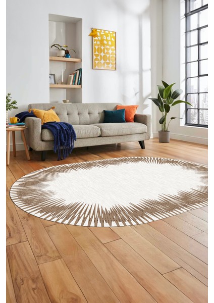 Baskılı Kaymaz Yıkanabilir Modern Sade Desen Oval Yolluk Salon Halısı O-Modern-48-Kahve modelleri
