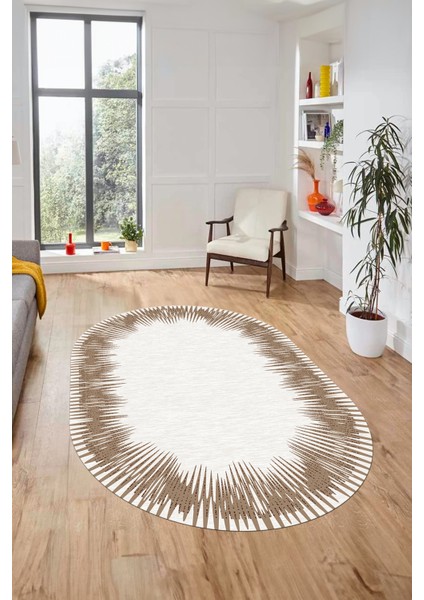 Baskılı Kaymaz Yıkanabilir Modern Sade Desen Oval Yolluk Salon Halısı O-Modern-48-Kahve fırsatları