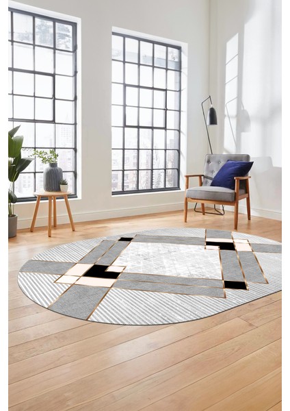 Şık Modern Desenli Dijital Kaymaz Yıkanabilir Oval Yolluk Mutfak Salon Halısı O-Modern-12-Krem fiyatları