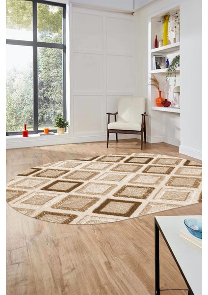 Baskılı Kaymaz Yıkanabilir Baklava Desen Oval Yolluk Halısı Salon Halısı O-Modern-66-Kahve fırsatları