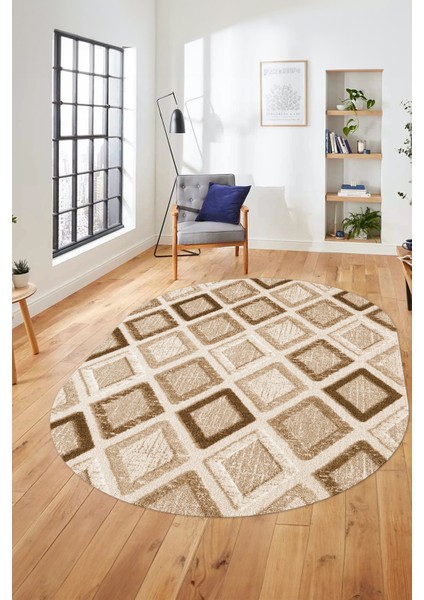 Baskılı Kaymaz Yıkanabilir Baklava Desen Oval Yolluk Halısı Salon Halısı O-Modern-66-Kahve indirimleri