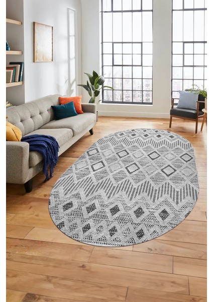 Baskılı Kaymaz Yıkanabilir Şık Kilim Desen Oval Yolluk Halısı Salon Halısı O-Modern-67-Gri